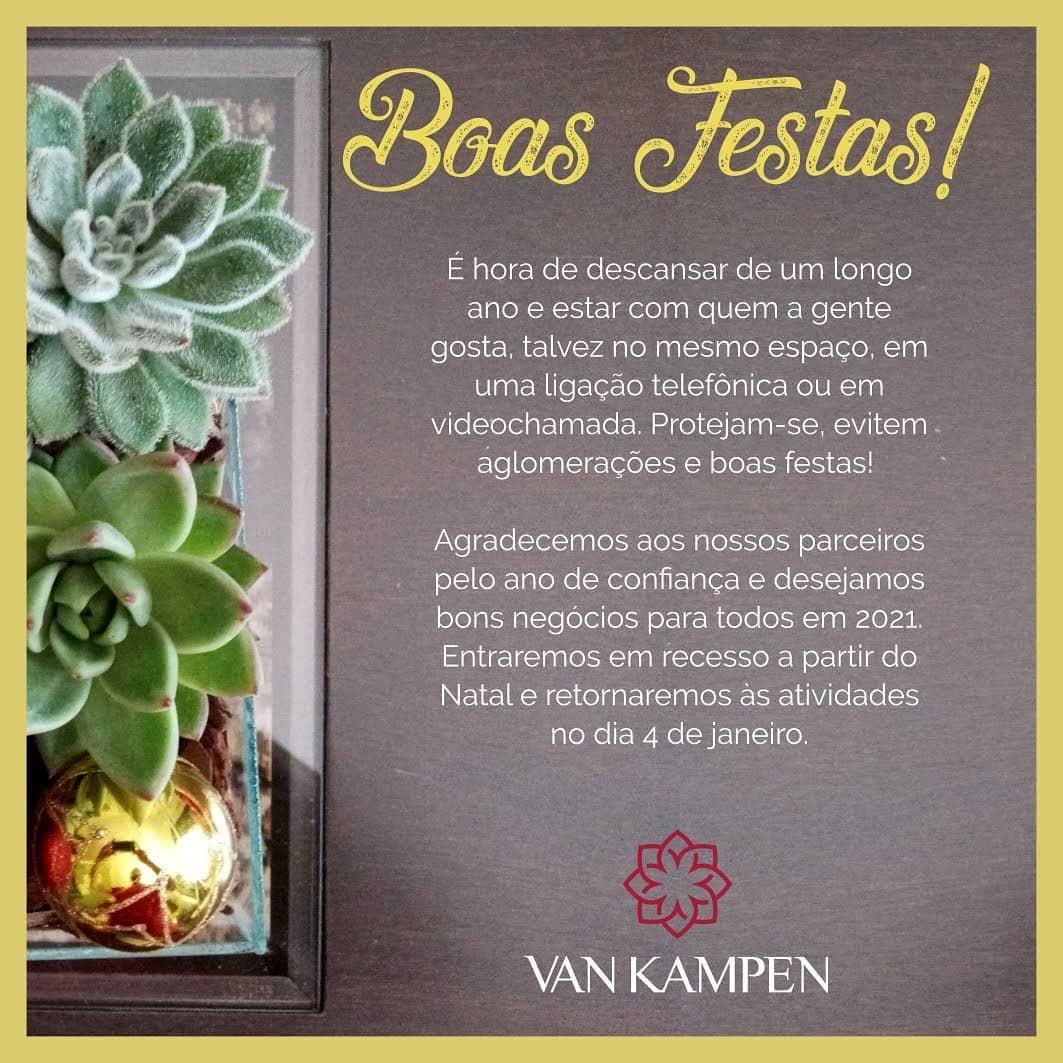 É hora de descansar de um longo ano e estar com quem a gente gosta, talvez no mesmo espaço, em uma ligação telefônica ou em videochamada. Protejam-se, evitem aglomerações e boas festas!Agradecemos aos nossos parceiros pelo ano de confiança e desejamos bons negócios para todos em 2021. Entraremos em recesso a partir do Natal e retornaremos às atividades no dia 4 de janeiro.
